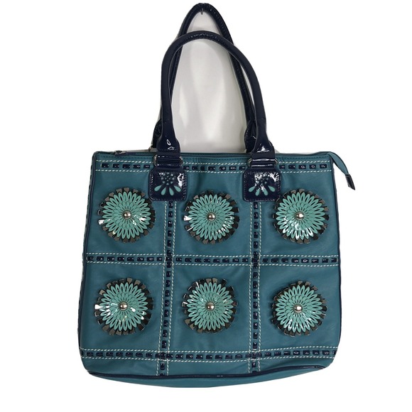 Nicole Lee Handbag Purse Bag Blue Teal 3D Flower Design‎ Detailed Tote EUC SH724 - Picture 1 of 6